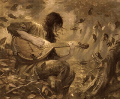 Man Playing Guitar With Leaves Flying GIF