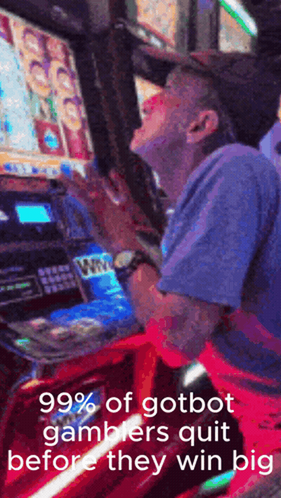 Man Playing Slot Machine 99.99% Of Gamblers Quit Before They Win Big GIF