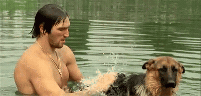 Man Playing With German Shepherd In Water GIF