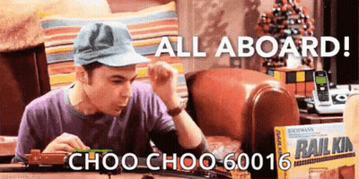 Man Playing With Train Set Says All Aboard Choo Choo 60016 GIF