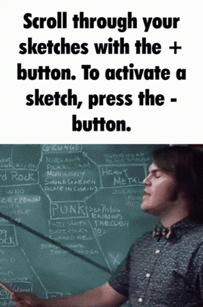 Man Pointing At Chalkboard Saying Scroll Through Your Sketches With The Button GIF