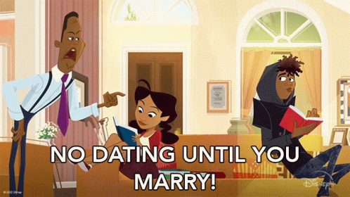 Man Pointing At Woman Reading Book No Dating Until You Marry GIF