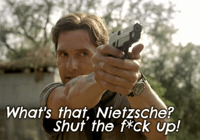 Man Pointing Gun Saying What's That Nietzsche Shut The F*ck Up GIF