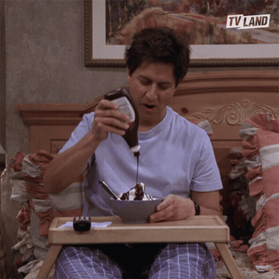 Man Pouring Chocolate Into Bowl Of Ice Cream With TV Land Logo GIF