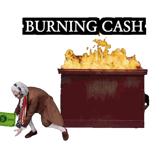 Man Pushing Dumpster With Burning Cash Sticker