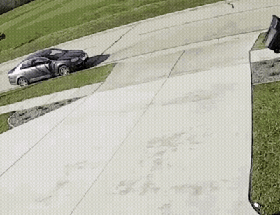 Man Pushing Garbage Can Down Driveway With Car GIF