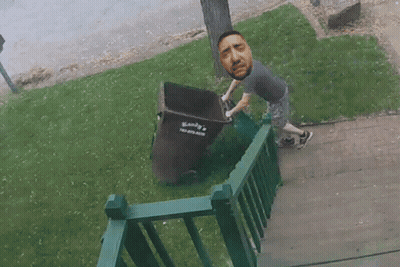 Man Pushing Garbage Can Saying Sandy's GIF
