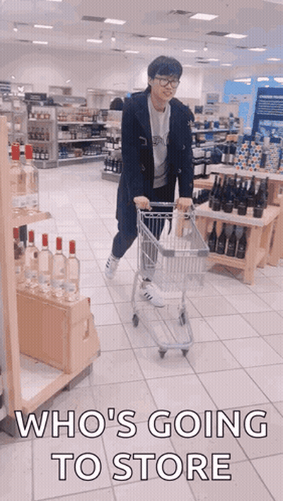 Man Pushing Shopping Cart Saying Who's Going To Store GIF