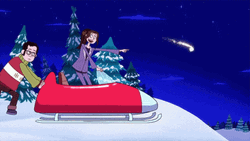 Man Pushing Snowmobile With Woman Toward A Slope GIF
