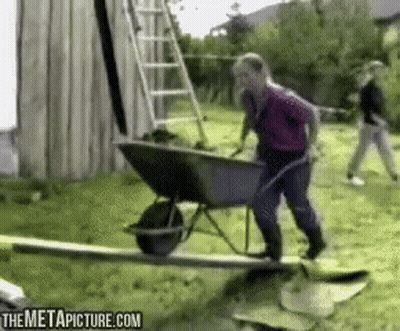 Man Pushing Wheelbarrow In Yard GIF