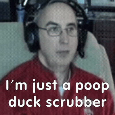 Man Red Shirt Headphones Says Poop Duck Scrubber GIF