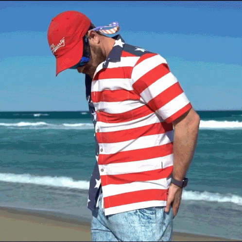 Man Red White Striped Shirt Budweiser Hat Beach GIF