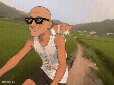 Man Riding Bike With Cat On Shoulder Saying Brother Eli GIF