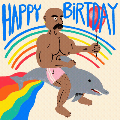 Man Riding Dolphin Holding Red Balloon Happy Birthday GIF