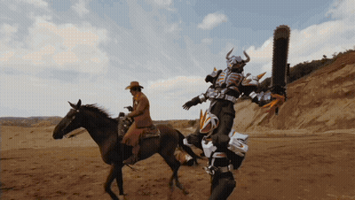 Man Riding Horse Beside Robot Costume GIF