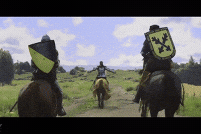 Man Riding Horse With Yellow And Black Shield GIF