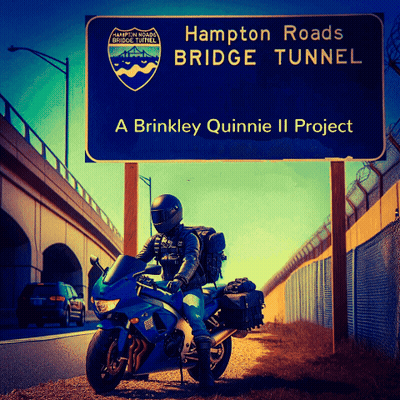 Man Riding Motorcycle In Front Of Hampton Roads Bridge Tunnel Sign GIF