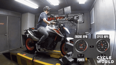 Man Riding Motorcycle In Room With Cycle World Sign GIF