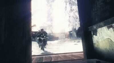Man Riding Motorcycle Through Doorway In Video Game GIF