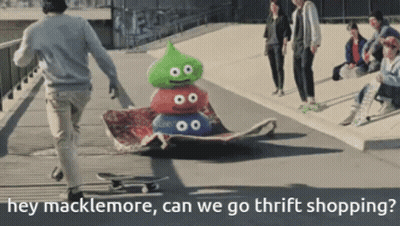 Man Riding Skateboard With Balloons Saying Hey Macklemore Can We Go Thrift Shopping GIF