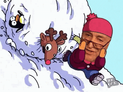 Man Riding Snowy Hill With Reindeer And Penguin GIF