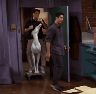 Man Riding Statue Of Dog In Room GIF