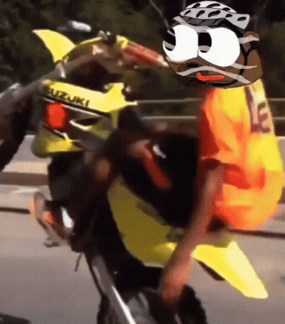 Man Riding Yellow Suzuki Motorcycle With Cartoon Face GIF