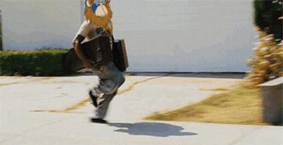Man Running With Cartoon Monkey On Head GIF