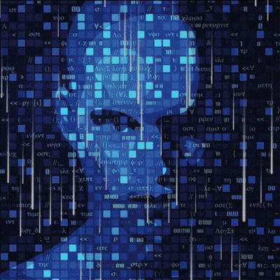 Man's Face Surrounded By Blue Squares And Letters GIF