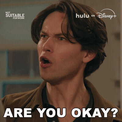 Man Saying Are You Okay In Front Of Hulu On Disney Sign GIF