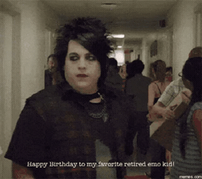 Man Saying Happy Birthday to Retired Emo Kid in Hallway