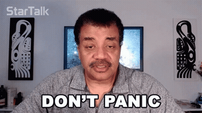 Man Says Don't Panic In Front Of Star Talk Logo GIF