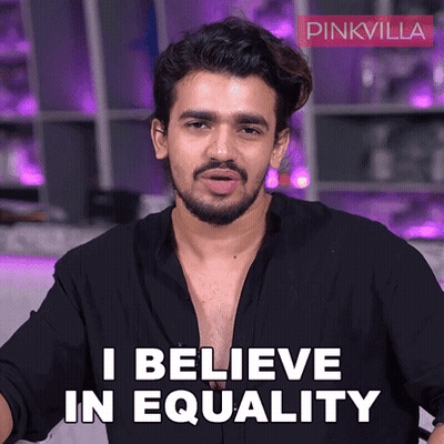 Man Says I Believe In Equality In Front Of Pinkvilla Banner GIF