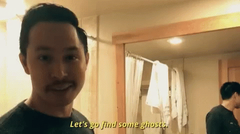 Man Says Let's Go Find Some Ghosts In A Bathroom GIF