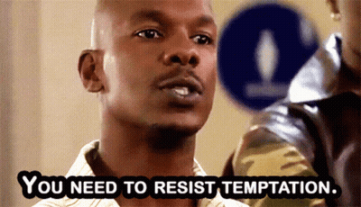 Man Says You Need To Resist Temptation Next To Blue Sign GIF