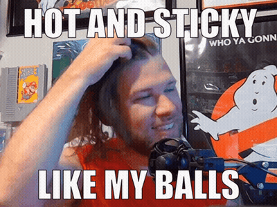 Man Scratching Head In Front Of Ghost Poster Saying Hot And Sticky Like My Balls GIF