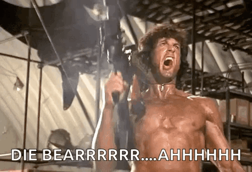 Man Shirtless Holding Gun Screaming Die Bearrrr GIF