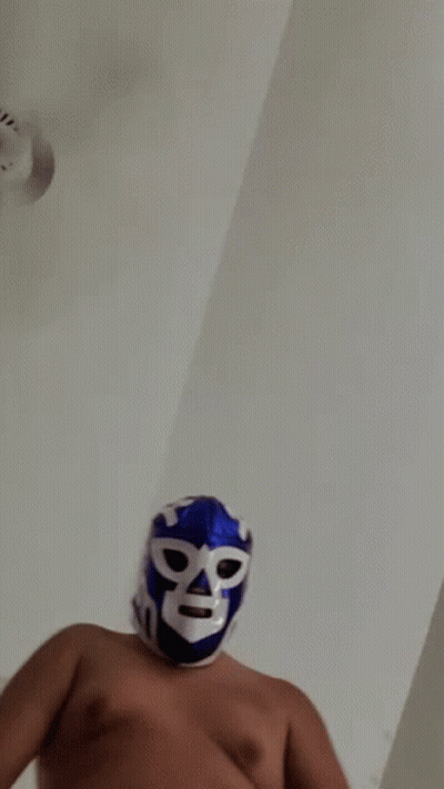 Man Shirtless Wearing Blue And White Mask GIF