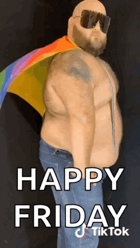 Man Shirtless With Sunglasses And Rainbow Cape Says Happy Friday GIF