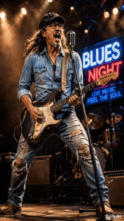 Man Singing Into Microphone Playing Guitar Blues Night GIF