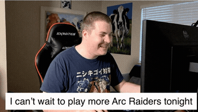 Man Sitting At Computer Saying I Can't Wait To Play More Arc Raiders Tonight GIF