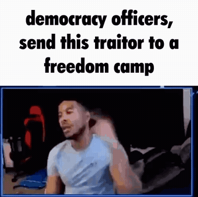 Man Sitting At Computer With Text Democracy Officers Send This Traitor To A Freedom Camp GIF