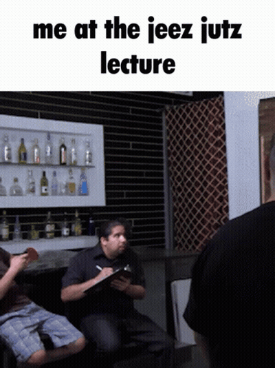 Man Sitting Before Shelf Of Bottles Saying Me At The Jeez Jutz Lecture GIF