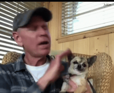Man Sitting In Chair Holding Small Dog GIF