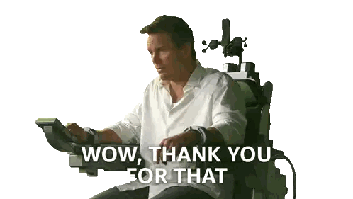 Man Sitting In Chair Saying Wow Thank You For That Sticker