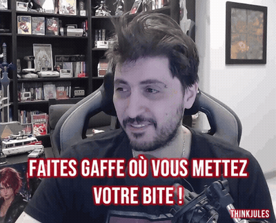Hombre sentado en una silla con Faites Gaffe O Vous Mettez Votre Bite GIF