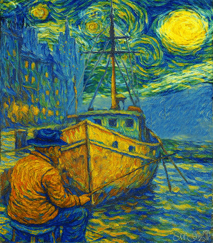 Man Sitting In Front Of Boat Starry Night GIF