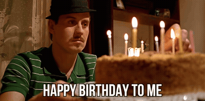 Man Sitting In Front Of Happy Birthday To Me Cake GIF