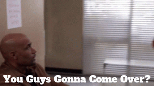 Man Sitting In Hallway With Text You Guys Gonna Come Over GIF