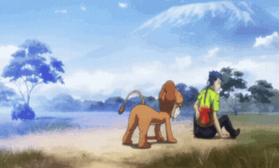 Man Sitting Next To Lion In Field GIF